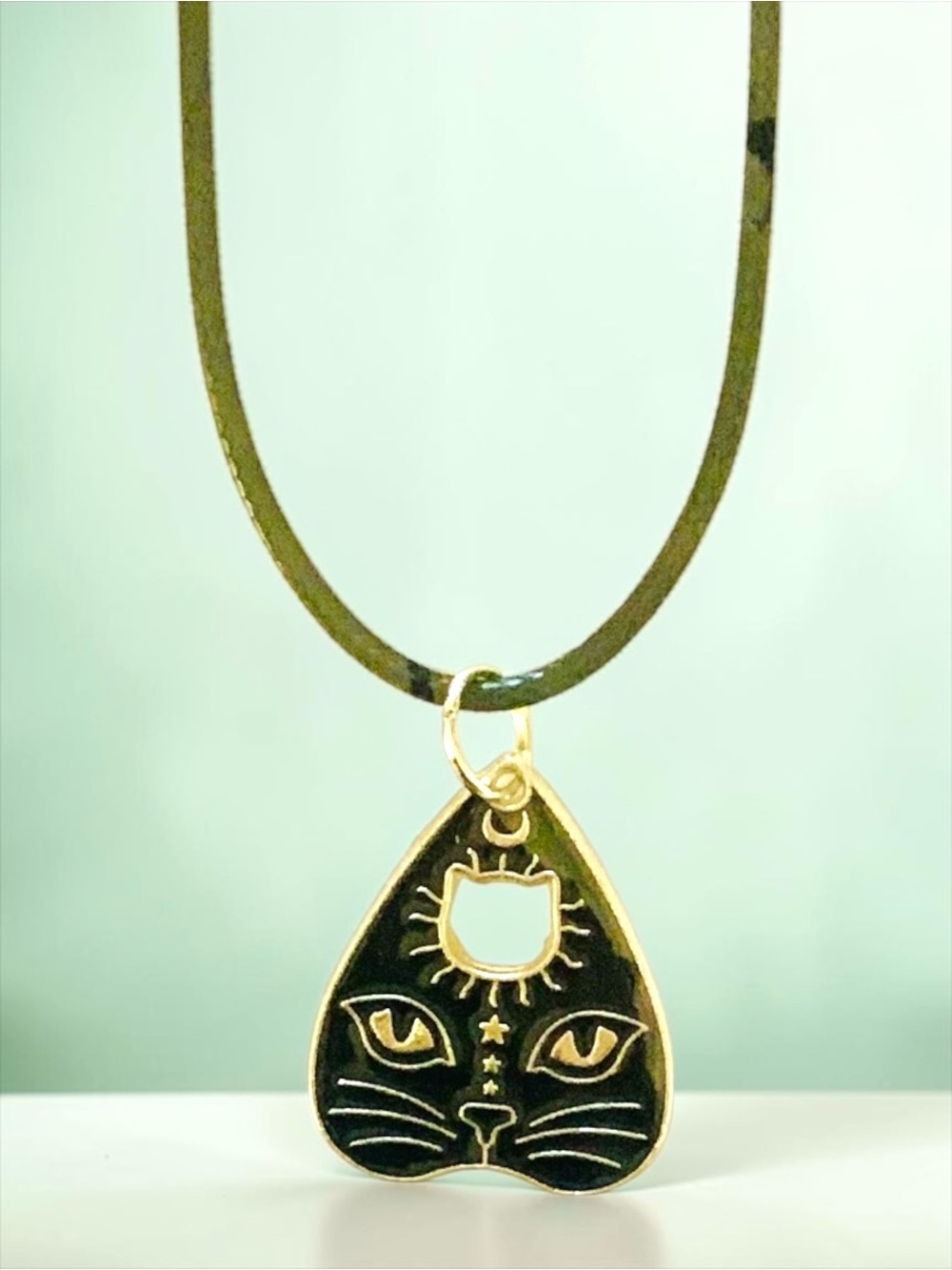 Ouija Cat Mystical Planchett Pendant Necklace -Black and Silver